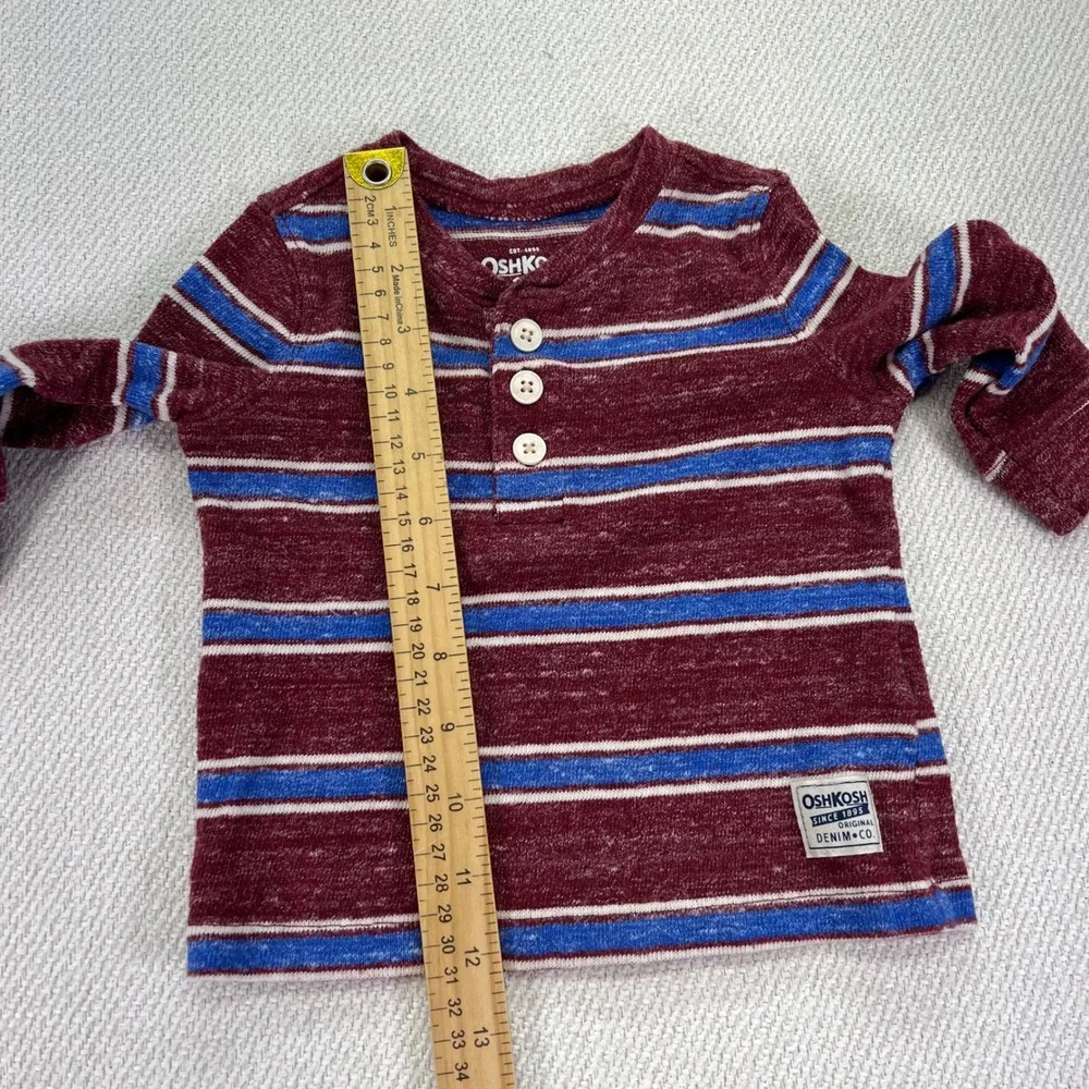 OshKosh B'gosh Henley Shirt Baby Boys 9M Maroon Blue Striped Long Sleeve Top